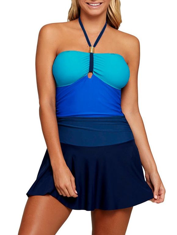 Halter Color Block Shirted Swimsuit - Bleu S
