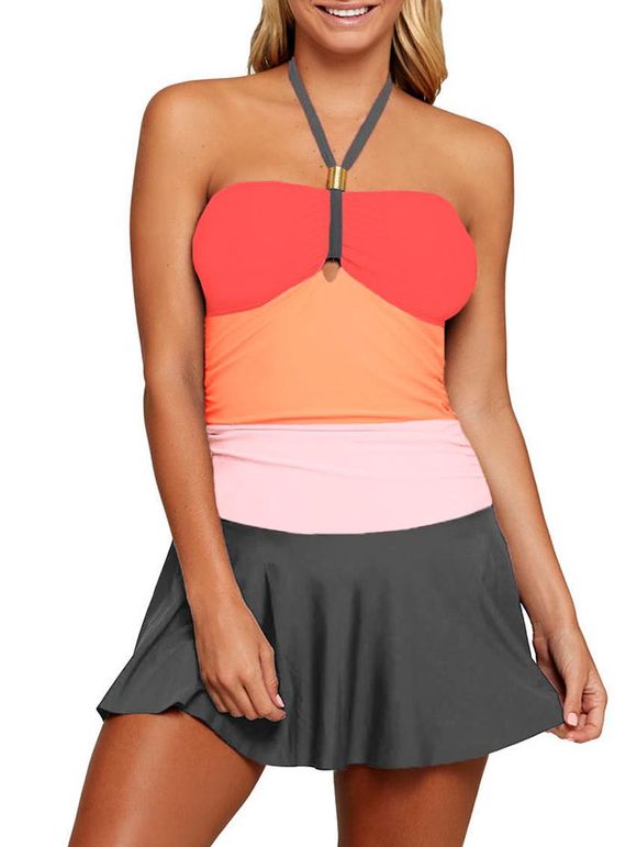 Halter Color Block Shirted Swimsuit - Saumon S