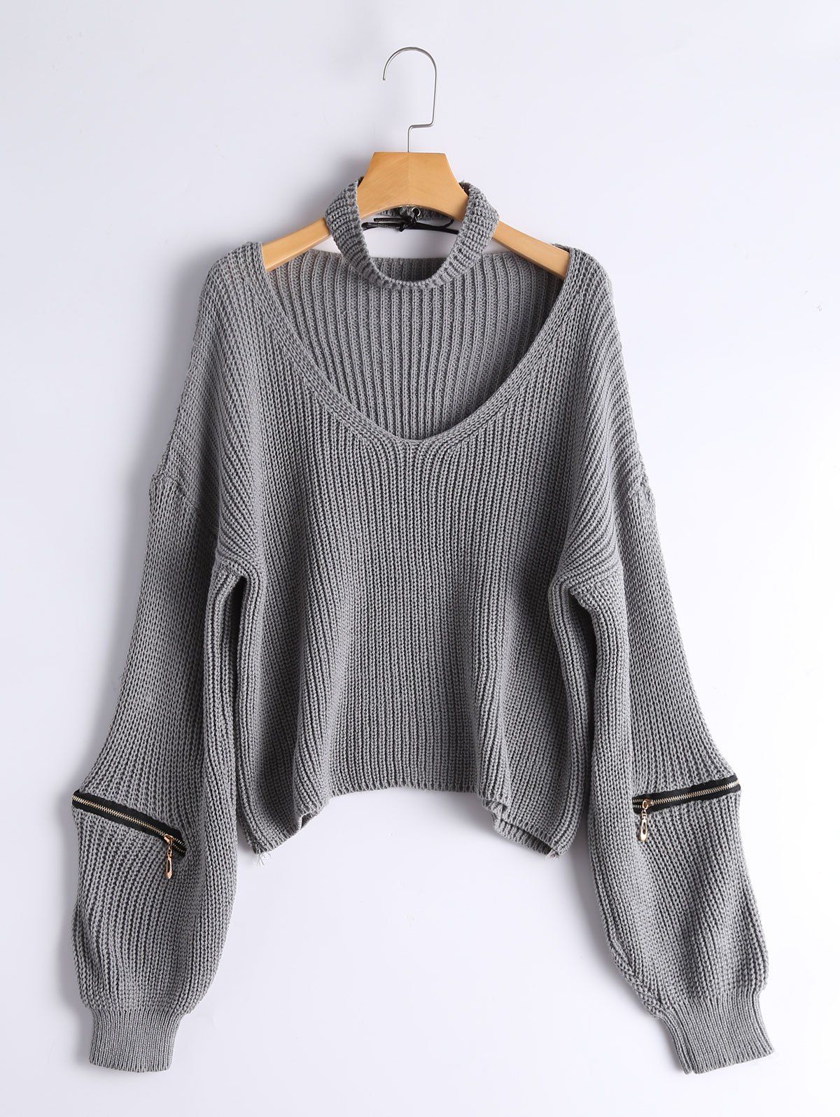 

Zipper Embellished V Neck Sweater, Gray