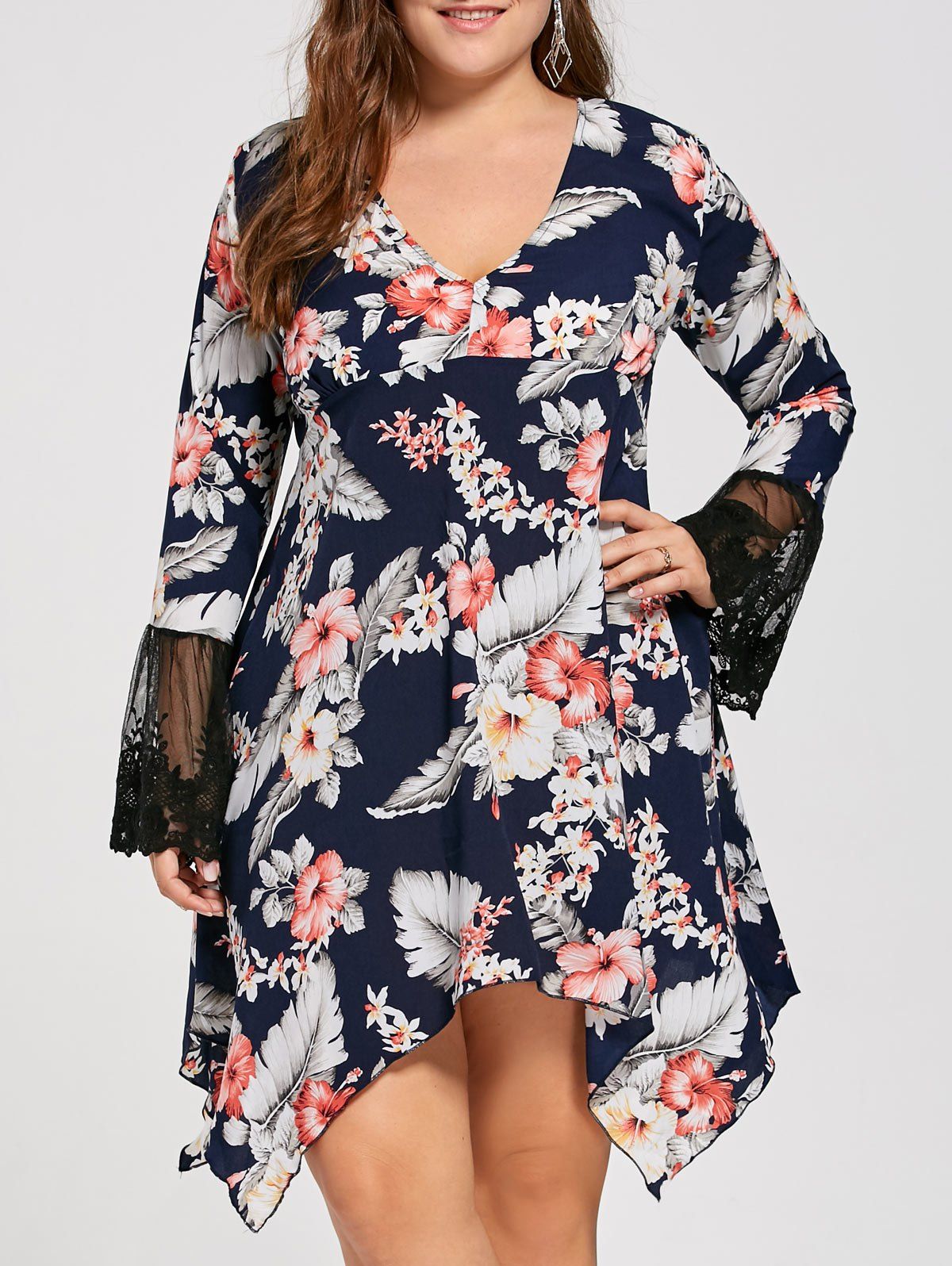 

Plus Size Floral Lace Flare Sleeve Handkerchief Dress, Black