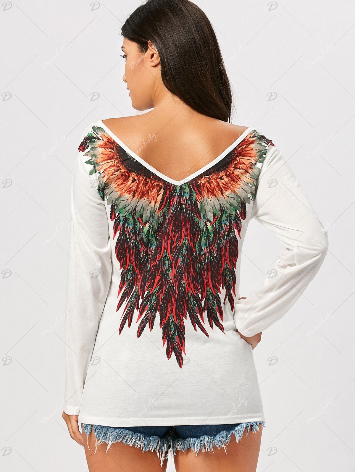 2018 Long Sleeve Tribal Feathers Print T-shirt WHITE M In Long Sleeves ...