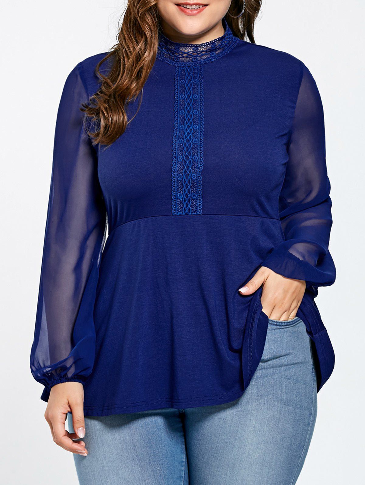 

Plus Size Lace Panel See Thru Blouse, Blue