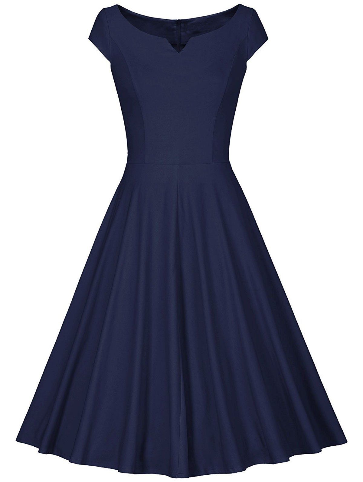

Retro V Neck Skater Fit and Flare Dress, Deep blue