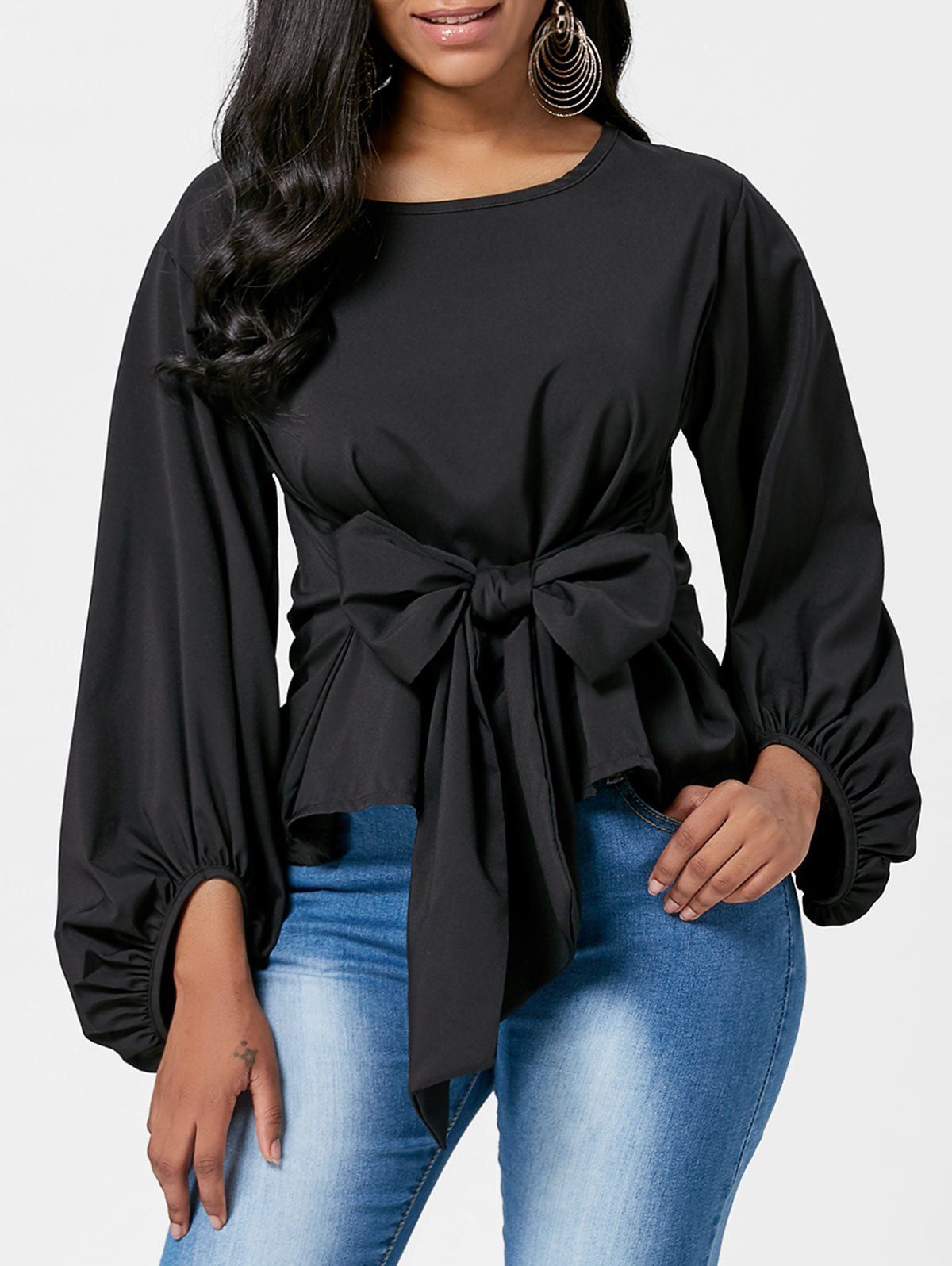[41% OFF] 2021 Puff Sleeve Belted Blouse In BLACK | DressLily