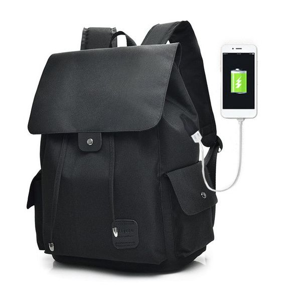 Drawstring USB Interface Backpack - BLACK 