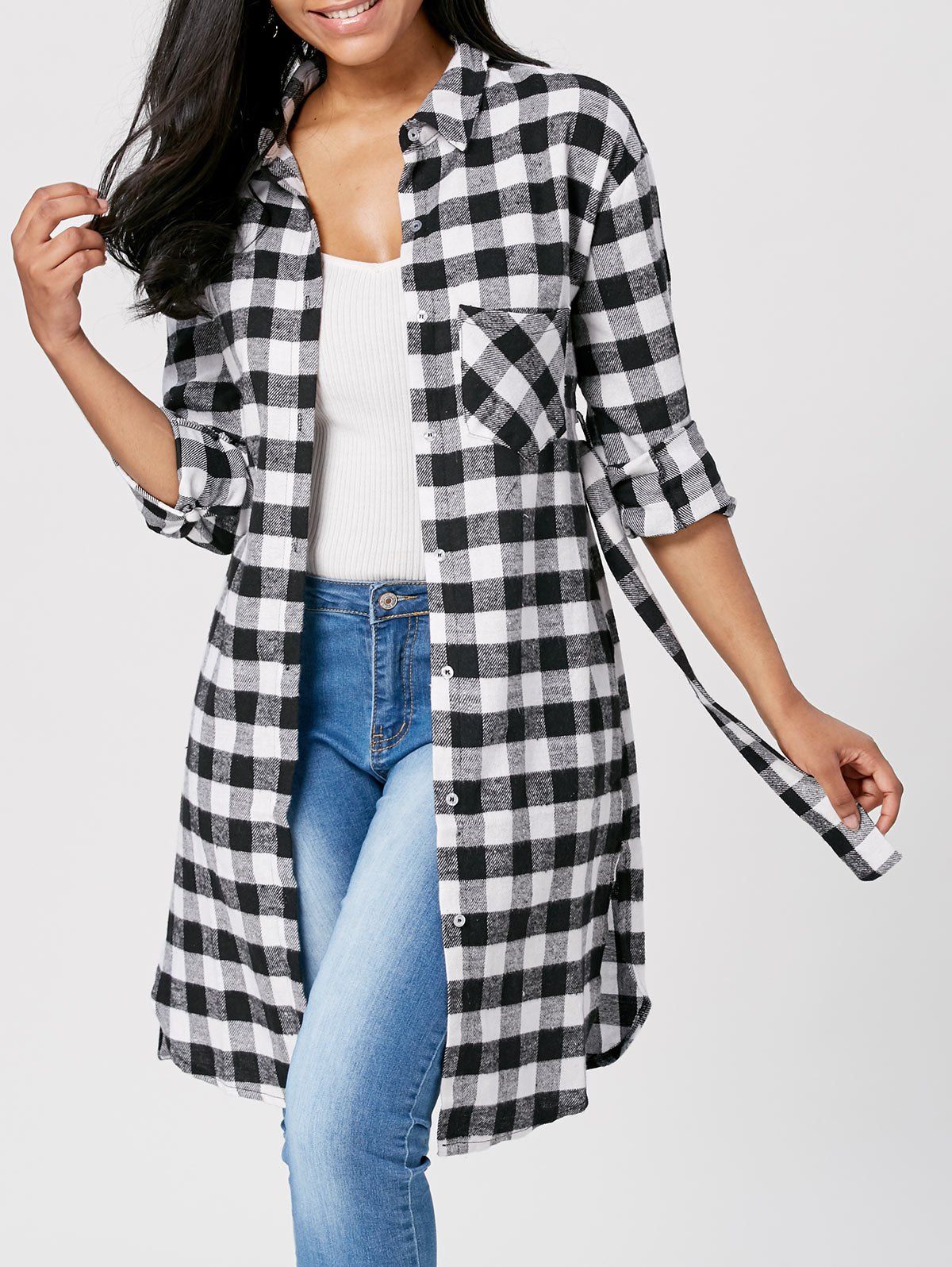 

Plaid Flannel Longline Shirt, Black