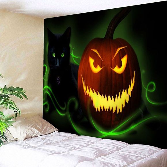 Halloween Jack O Lantern Cat Wall Hanging Tapestry - Vert W71 INCH * L71 INCH