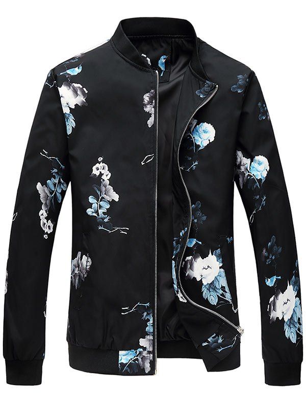 

Zipper Up Flower Pattern Bomber Jacket, Blue