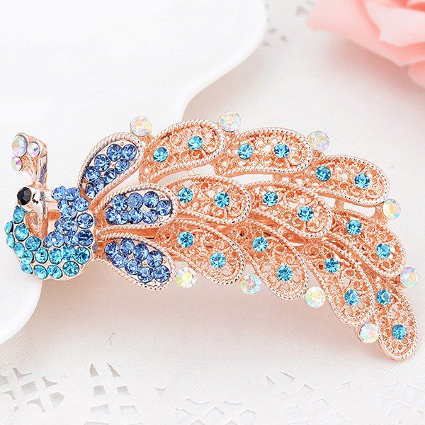 

Peacock Shape Artificial Crystal Inlaid Barrette, Blue