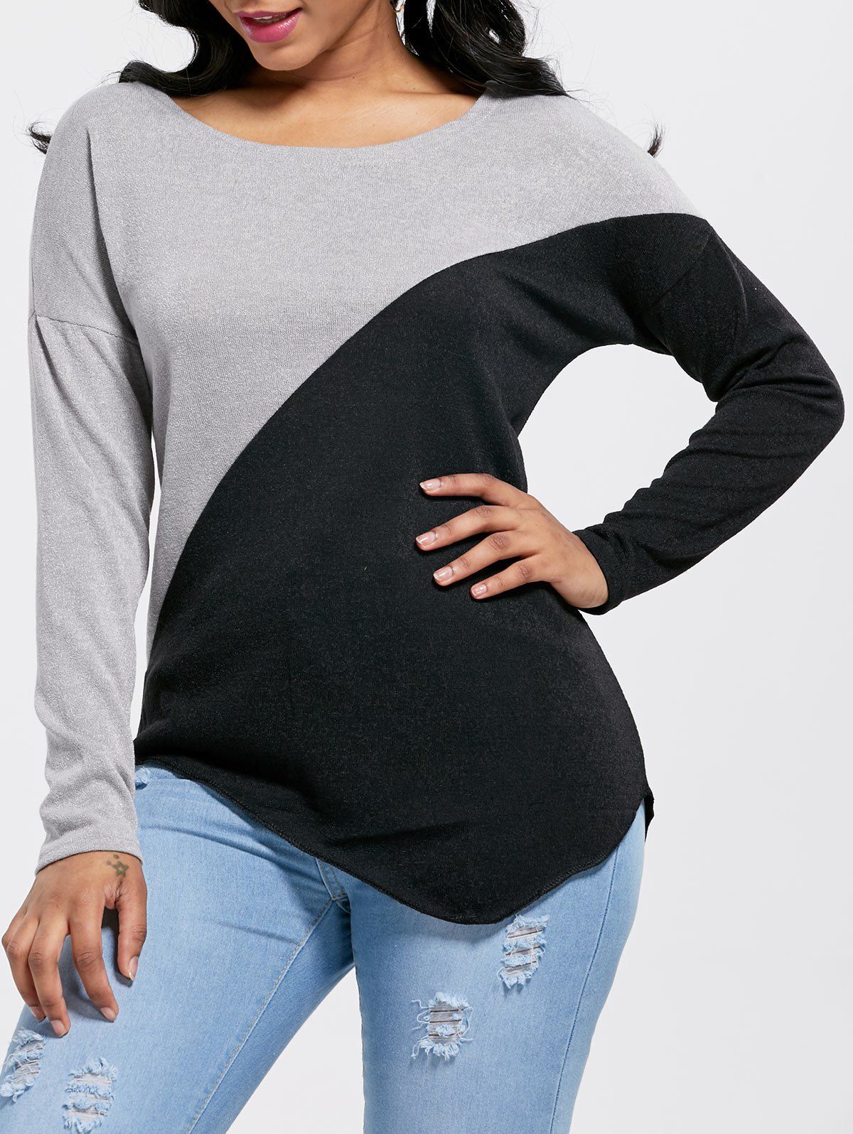 

Drop Shoulder Two Tone Asymmetrical Knitwear, Colormix
