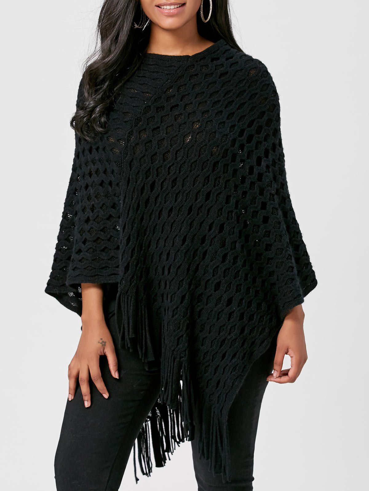 

Asymmetric Batwing Fringed Poncho Sweater, Black