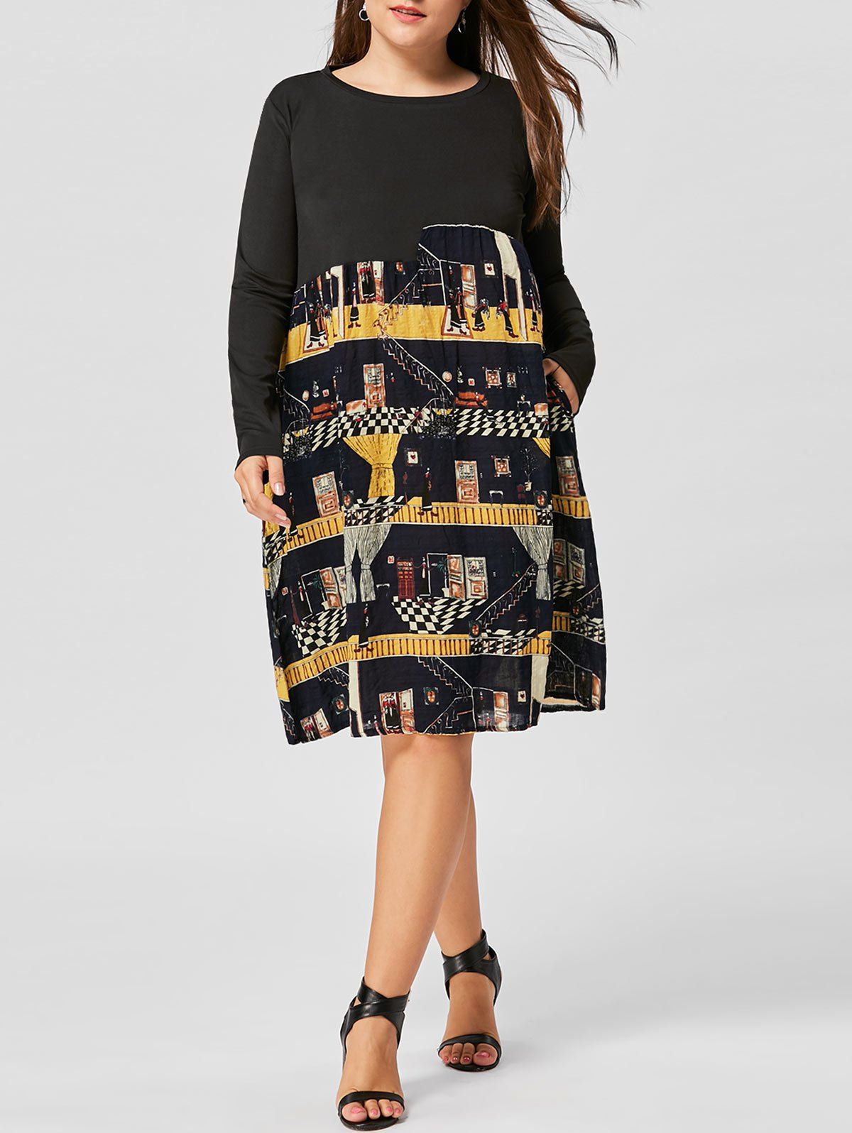 

Plus Size Graphic Long Sleeve Trapeze Dress, Black