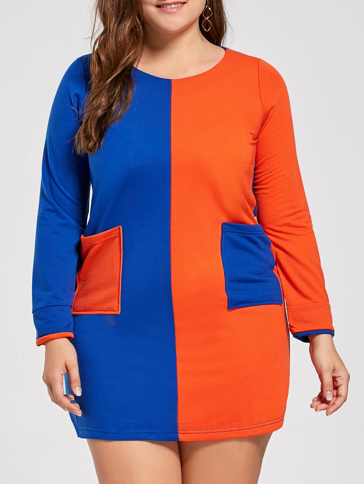 

Plus Size Color Block Front Pocket T-shirt Dress, Blue and orange