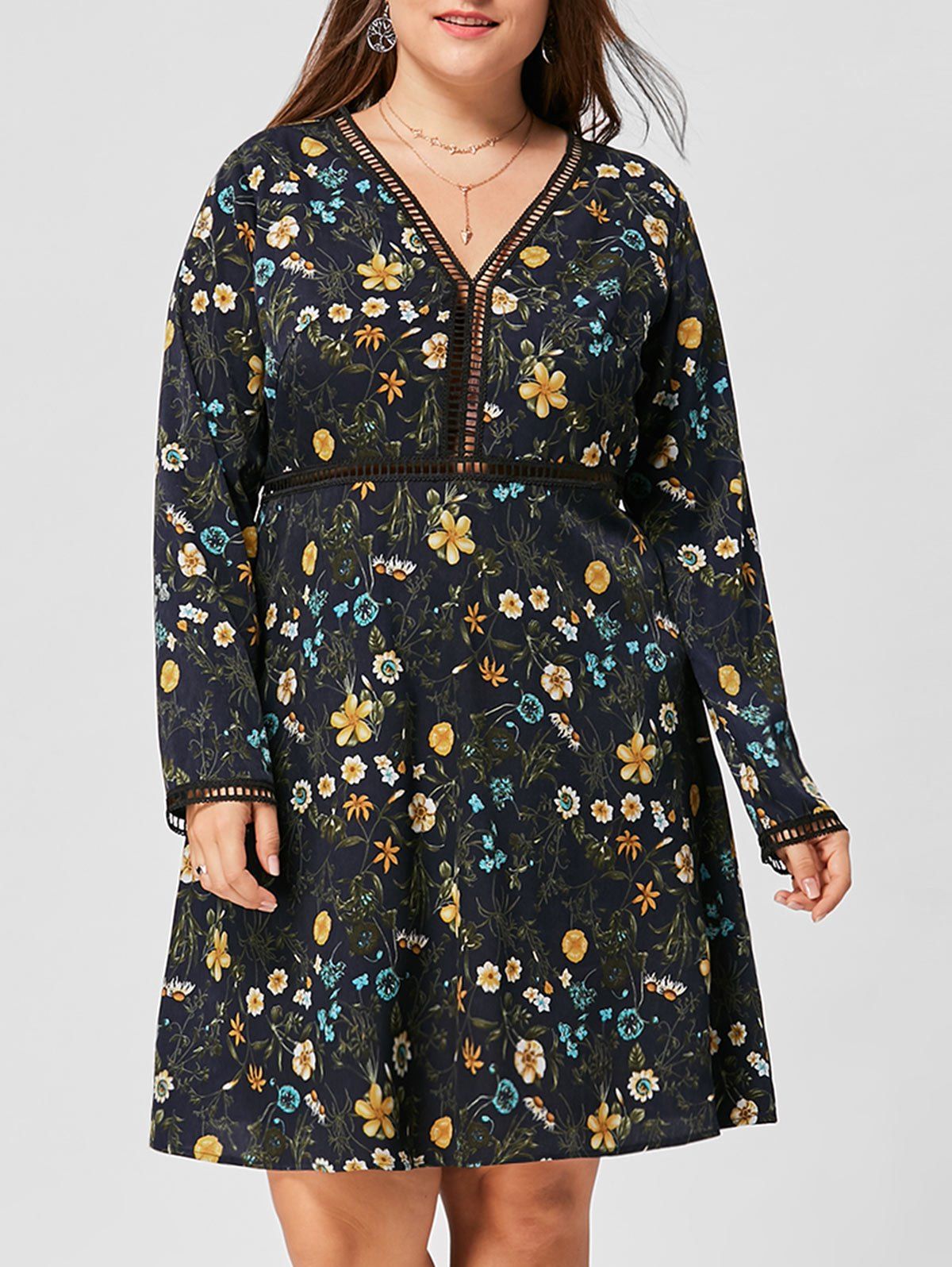 

Plus Size V Neck Floral Long Sleeve Dress, Purplish blue