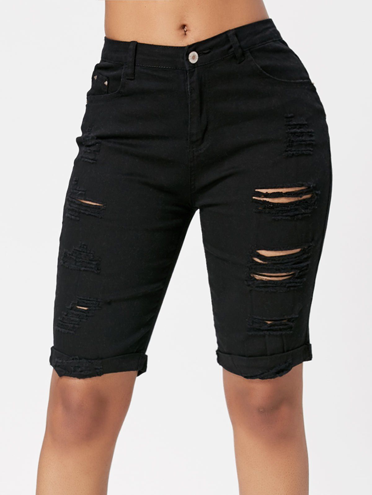 [41% OFF] 2020 Distressed Bermuda Cuffed Shorts In BLACK | DressLily