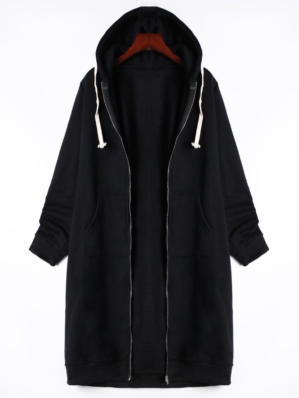 

Drawstring Kangaroo Pocket Long Zipper Up Hoodie, Black