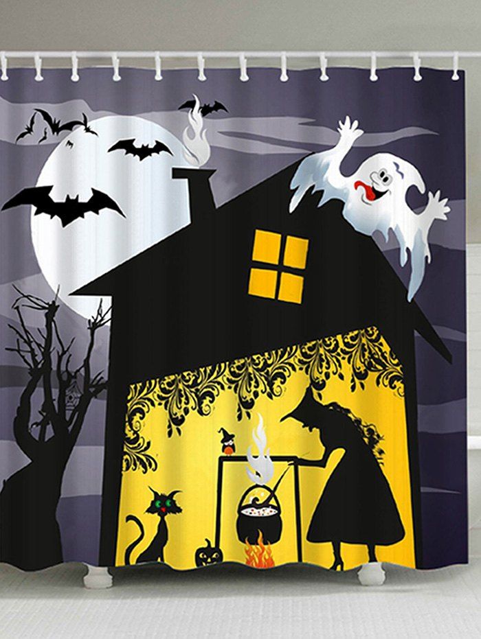 [17 OFF] 2020 Halloween Night Witch Print Waterproof Bathroom Shower