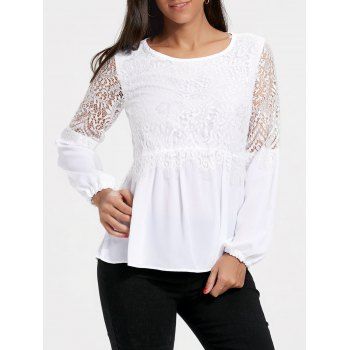 Chiffon Lace Trim Long Sleeve Top, WHITE, XL in Blouses | DressLily.com