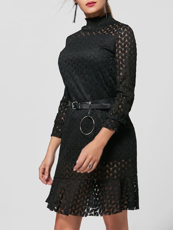 Stand Collar Flounce Shift Lace Dress - Noir XL