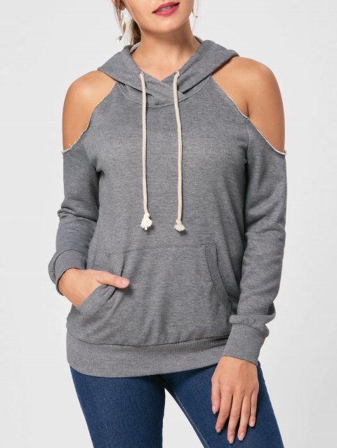 [64% OFF] 2019 Kangaroo Pockets Cold Shoulder Hoodie In GRAY | DressLily