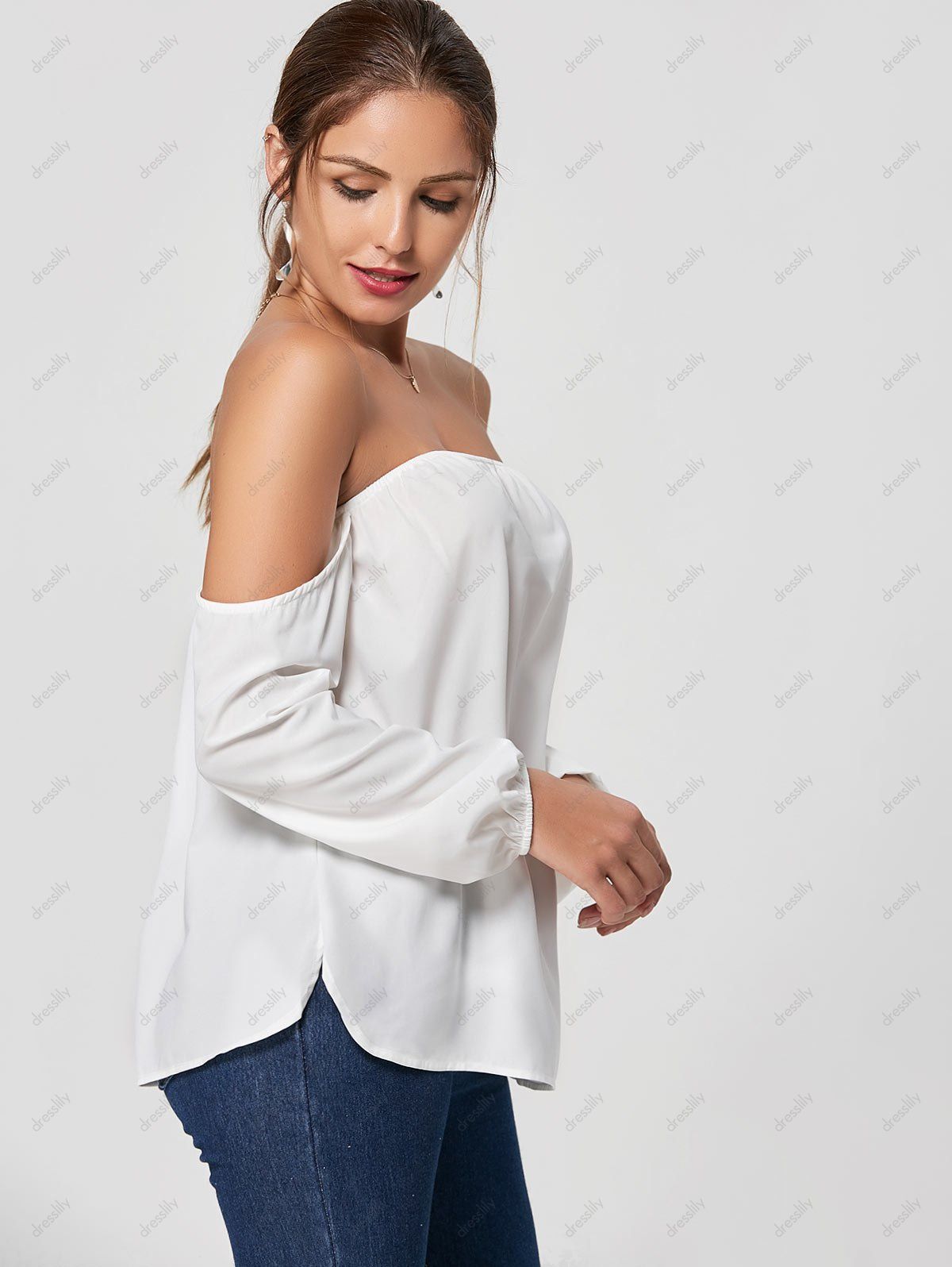 2018 Stylish Boat Neck Long Sleeve White Blouse For Women WHITE M In