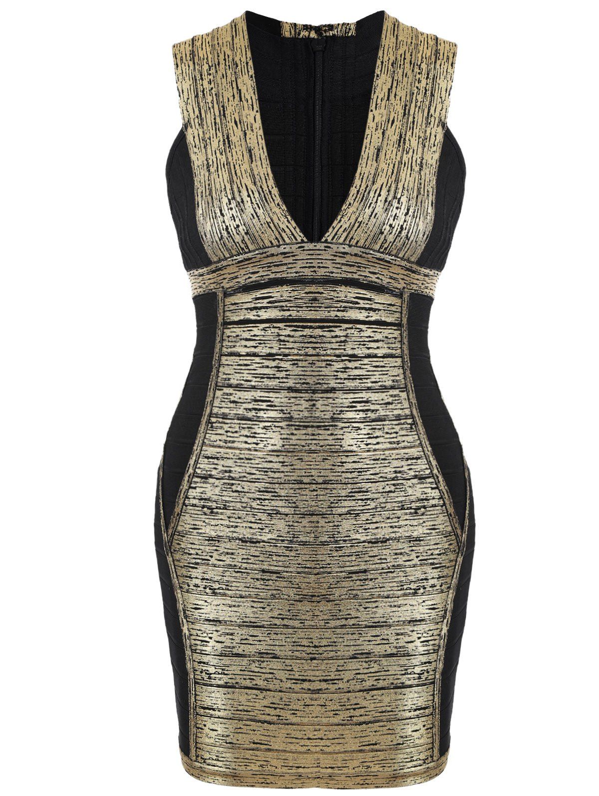 

Color Block Plunge Neck Bandage Dress, Golden