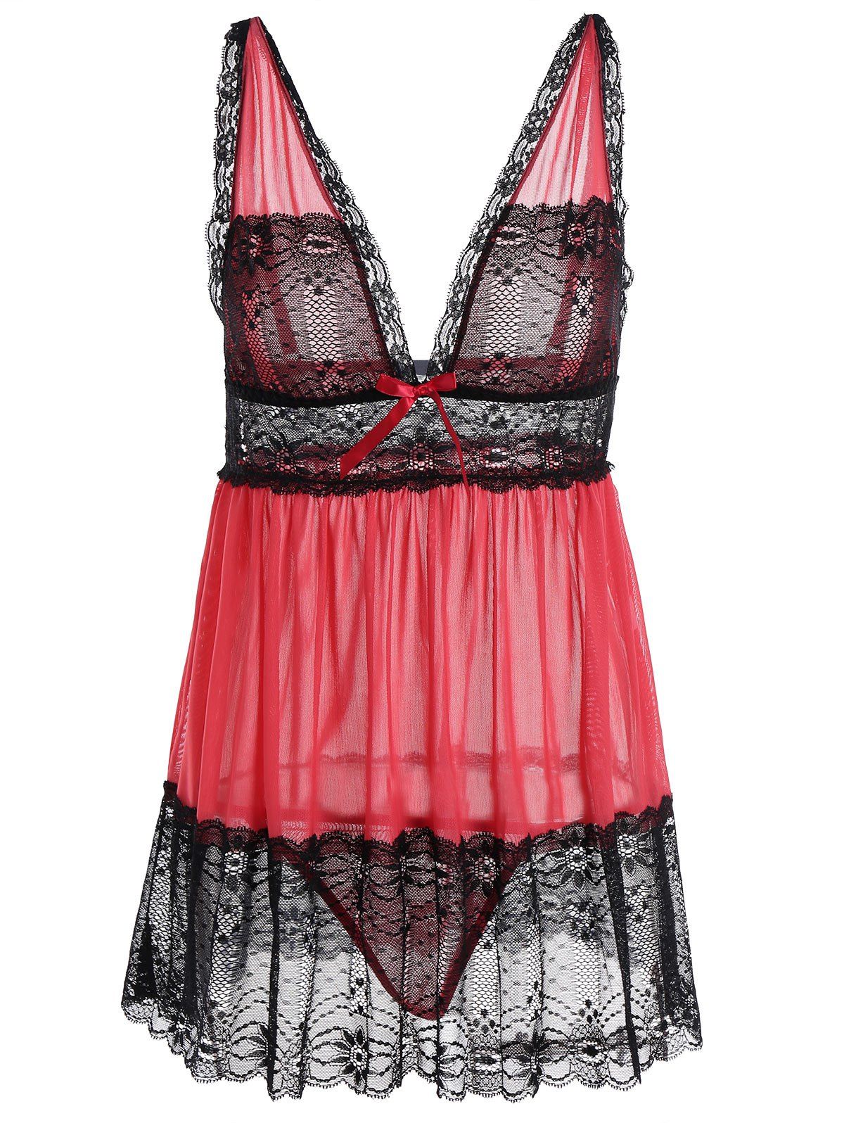 [41% OFF] 2021 Plus Size Plunge Lace Sheer Babydoll In WATERMELON RED ...