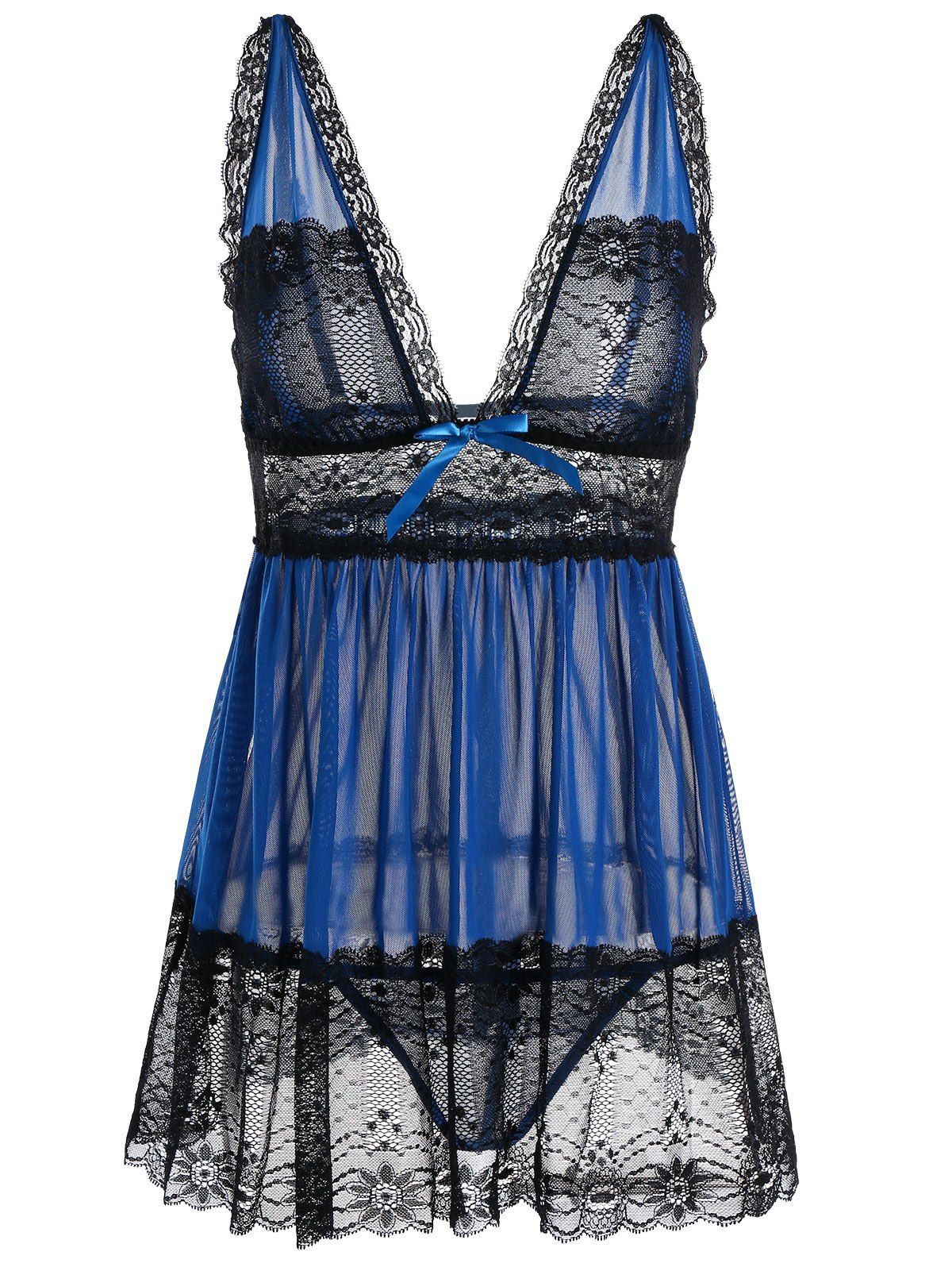 

Plus Size Plunge Lace Sheer Babydoll, Blue