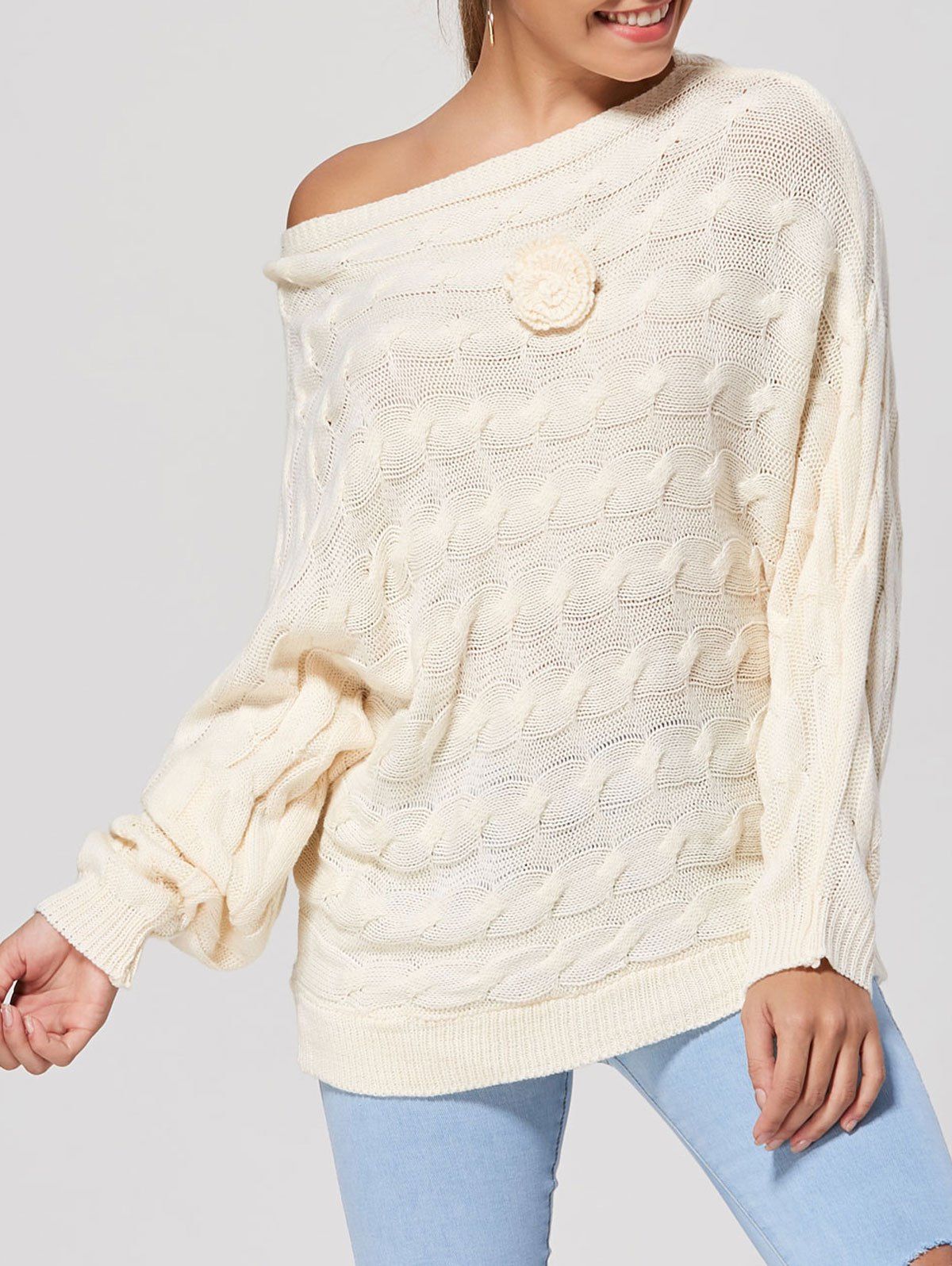 

Dolman Sleeve Floral Cable Knit Sweater, Beige