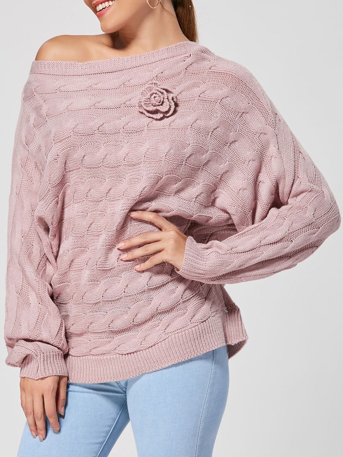 

Dolman Sleeve Floral Cable Knit Sweater, Pinkish purple