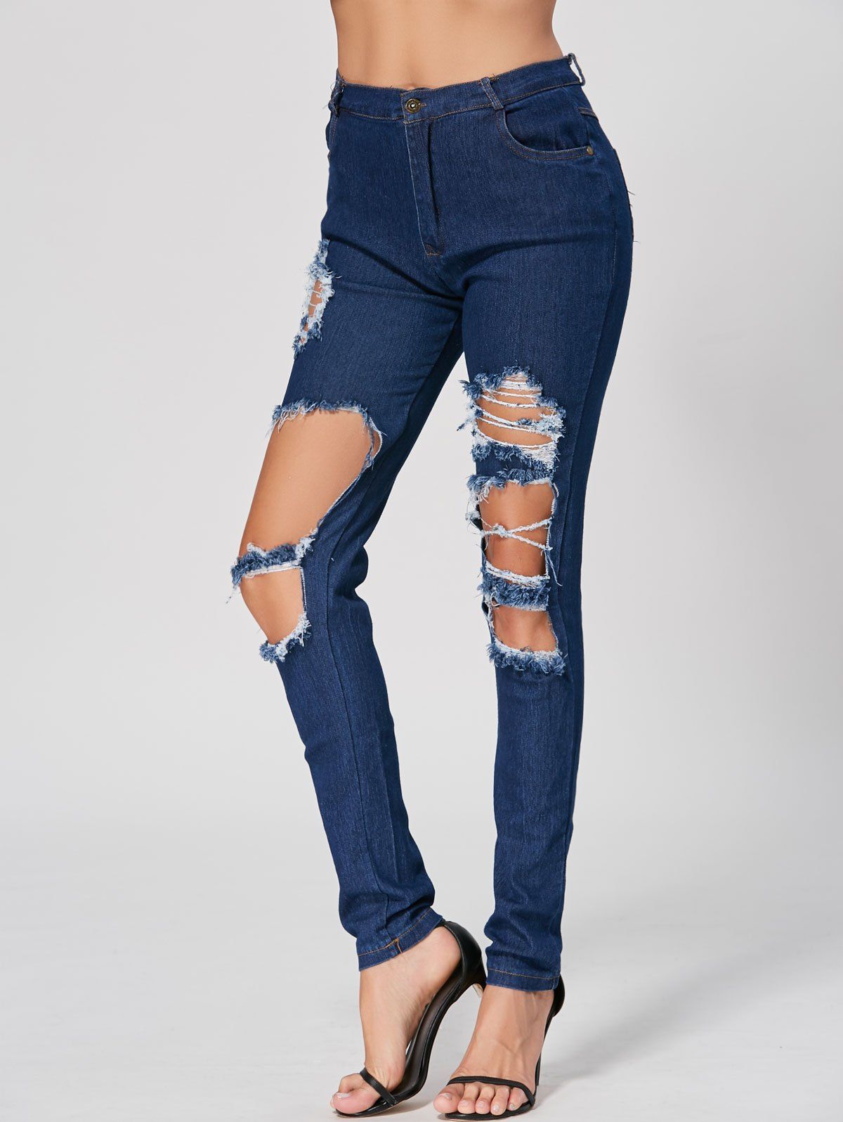 

Attractive Broken Hole Design High Waist Bodycon Ripped Jeans For Women, Deep blue