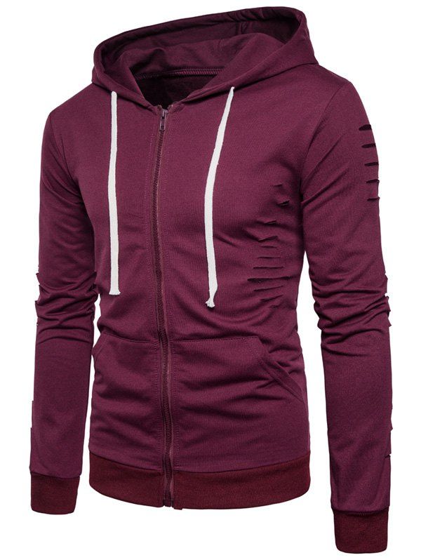 

Zip Up Hooded Distressed Hoodie, Wine red