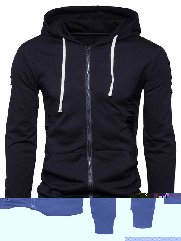 

Zip Up Hooded Distressed Hoodie, Black