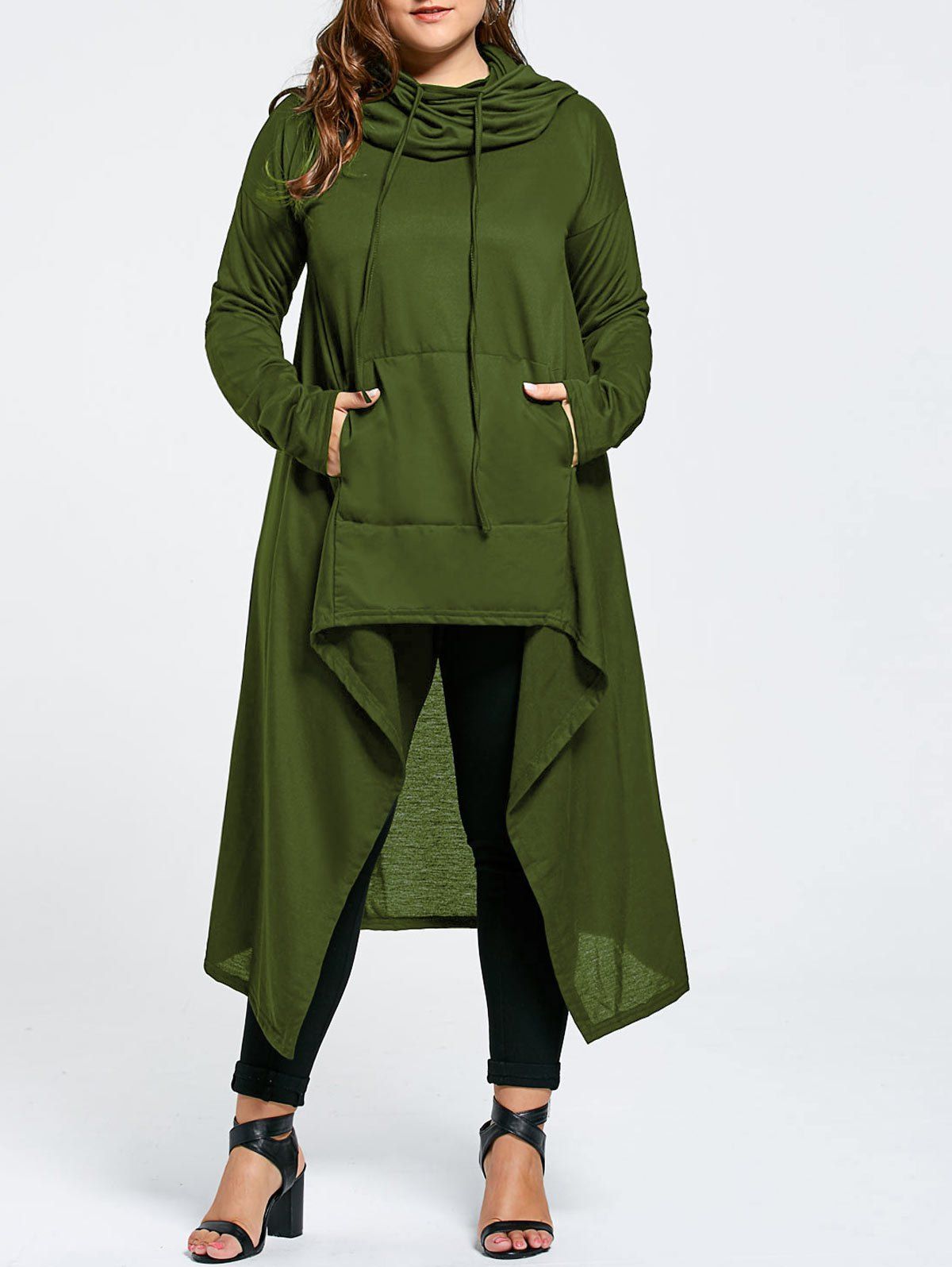 

Plus Size Funnel Collar Maxi Asymmetric Hoodie, Army green