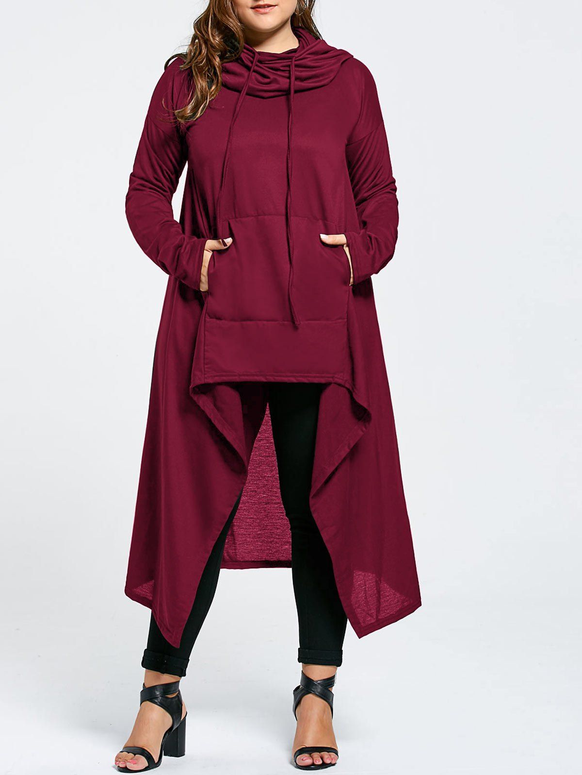 

Plus Size Funnel Collar Maxi Asymmetric Hoodie, Wine red