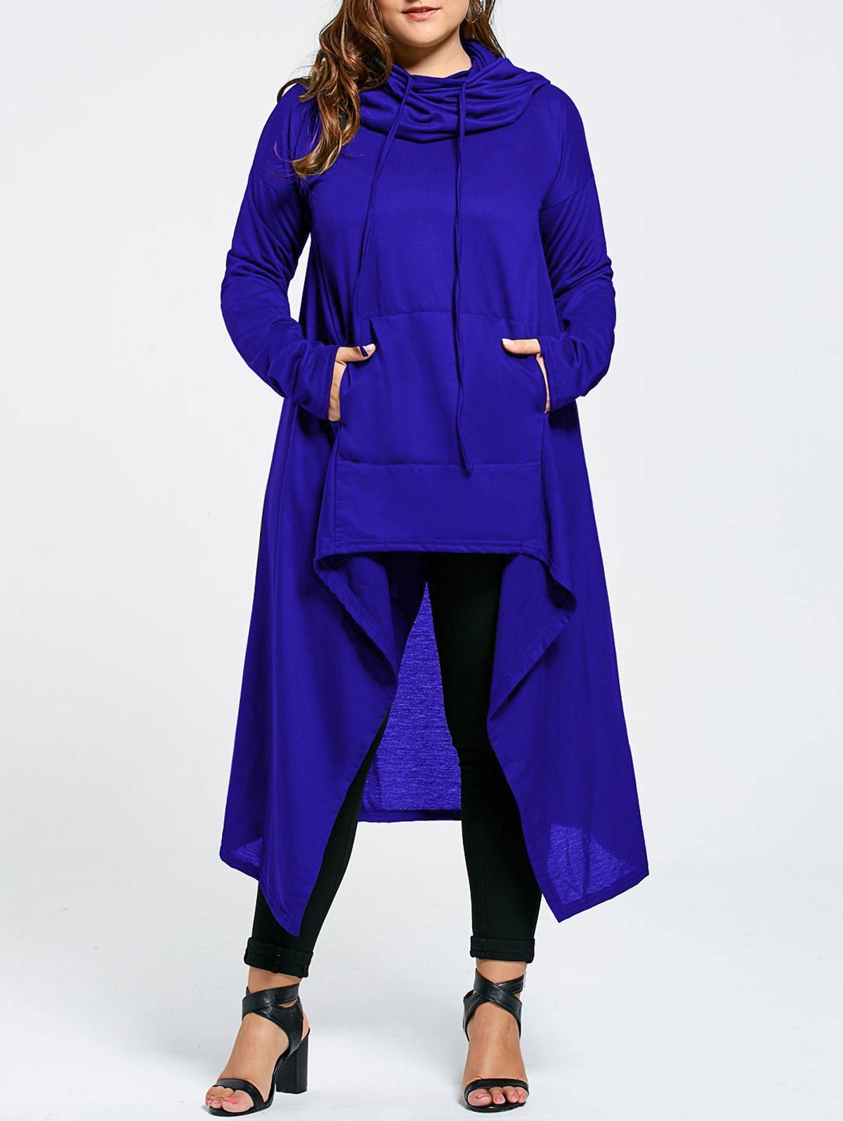 

Plus Size Funnel Collar Maxi Asymmetric Hoodie, Blue