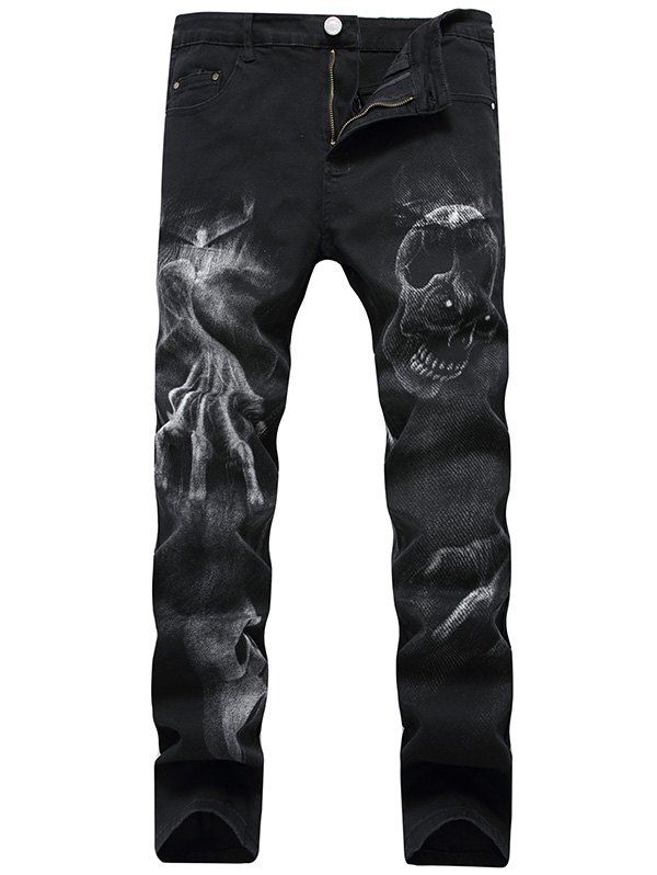 

Zipper Fly Skull Pattern Jeans, Black