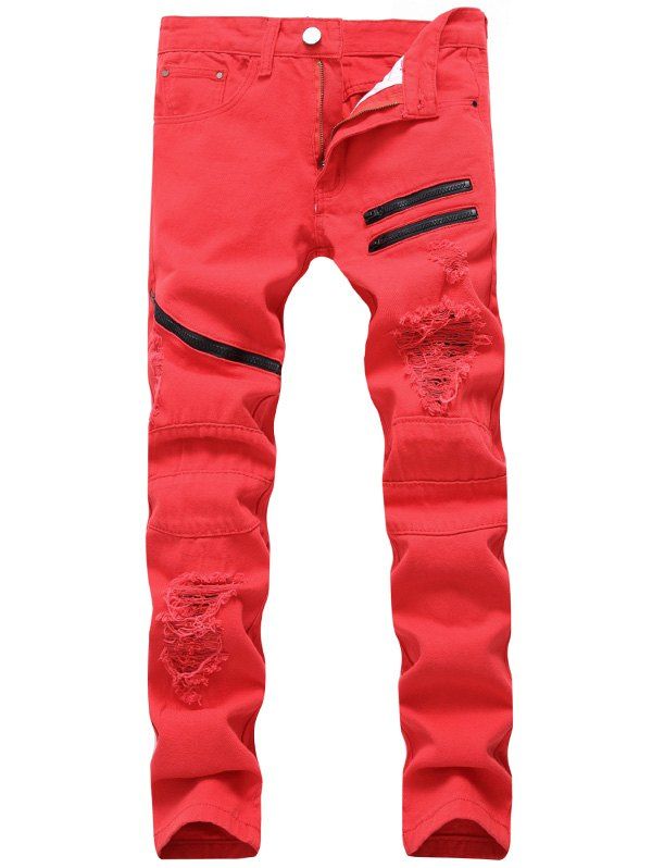 

Distressed Zip Embellished Jeans, Red