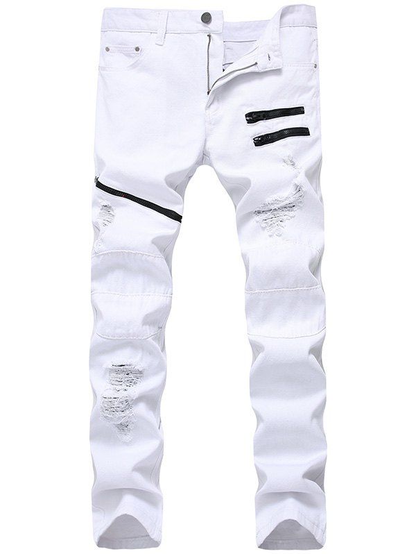 

Distressed Zip Embellished Jeans, White
