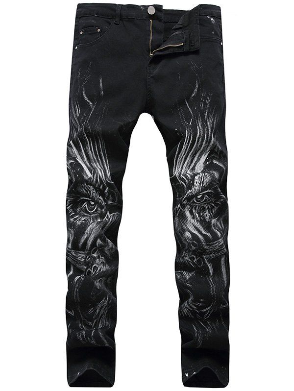 

Zipper Fly Beast Print Jeans, Black