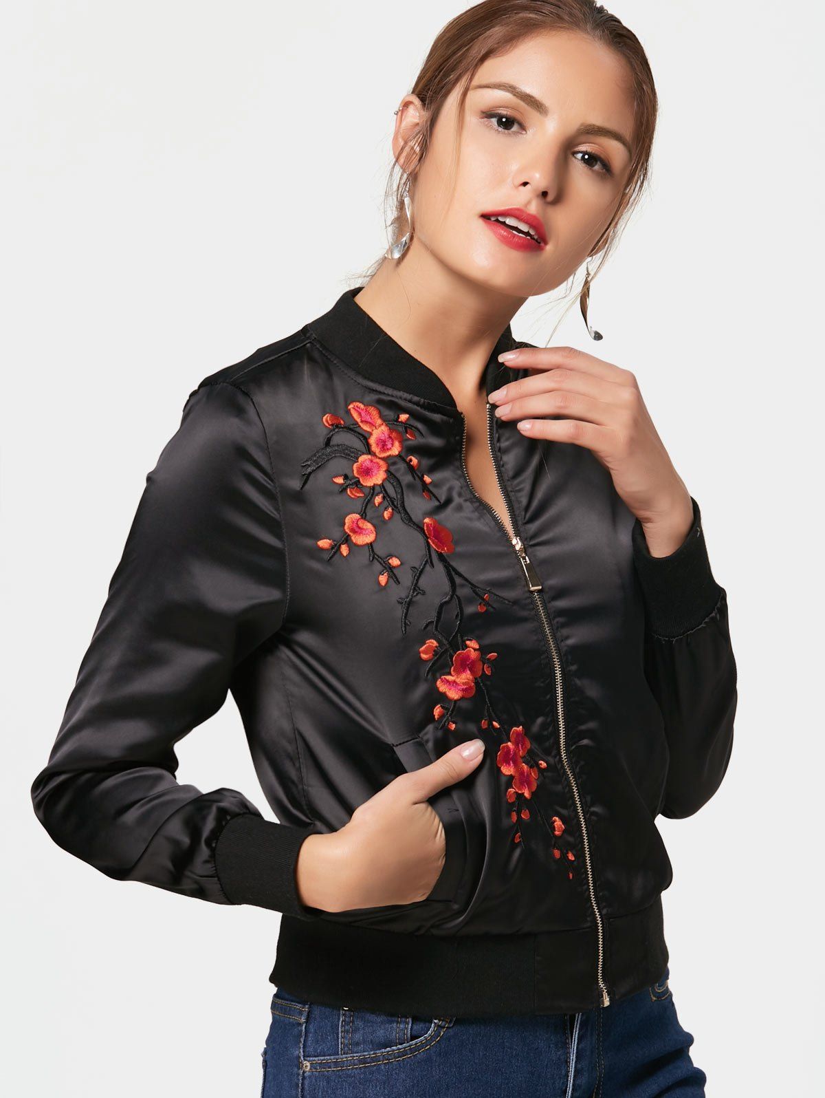 

Plum Blossom Embroidery Bomber Jacket, Black