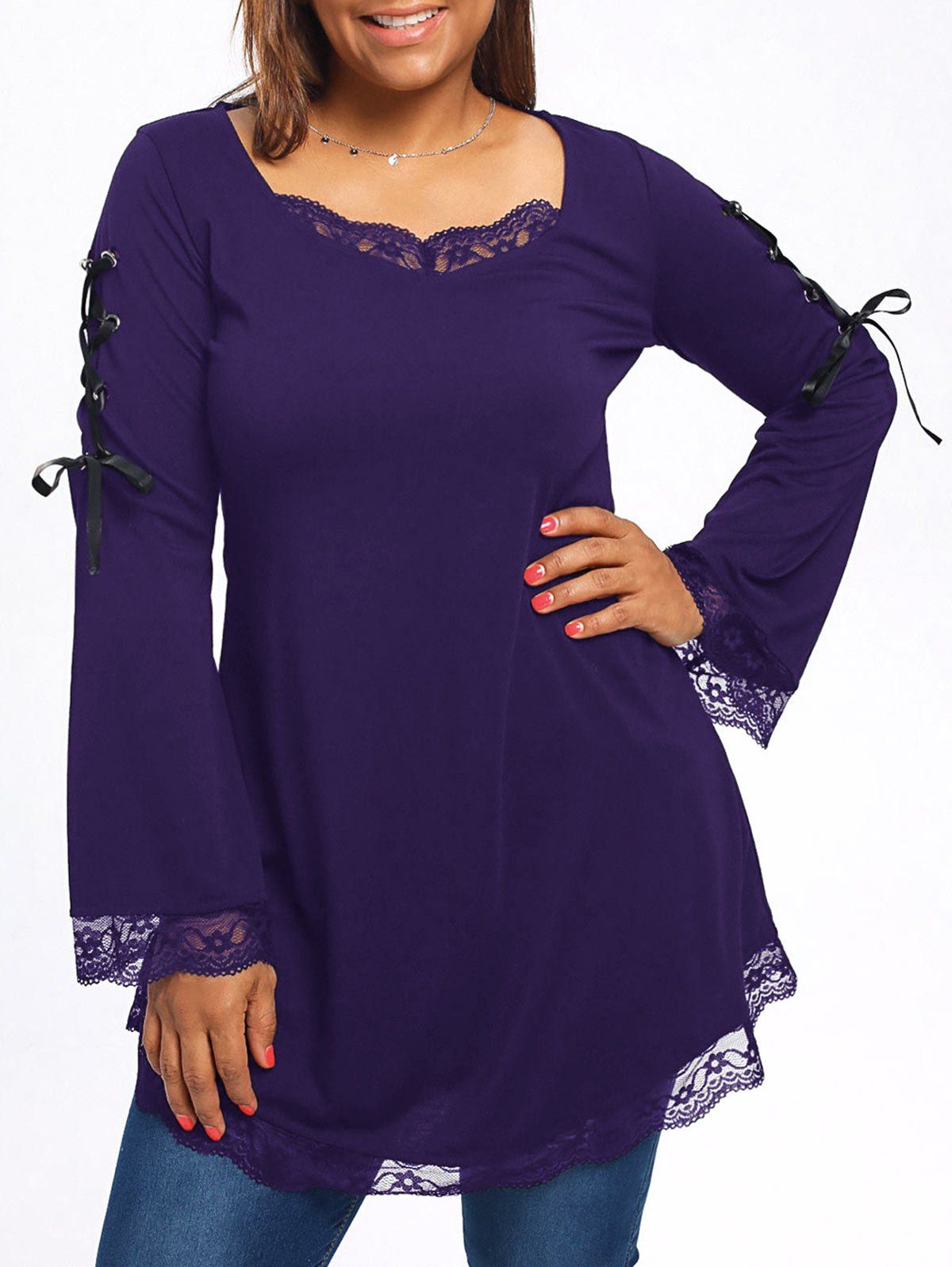 

Plus Size Long Sleeve Lace Trim Tunic T-shirt, Deep purple