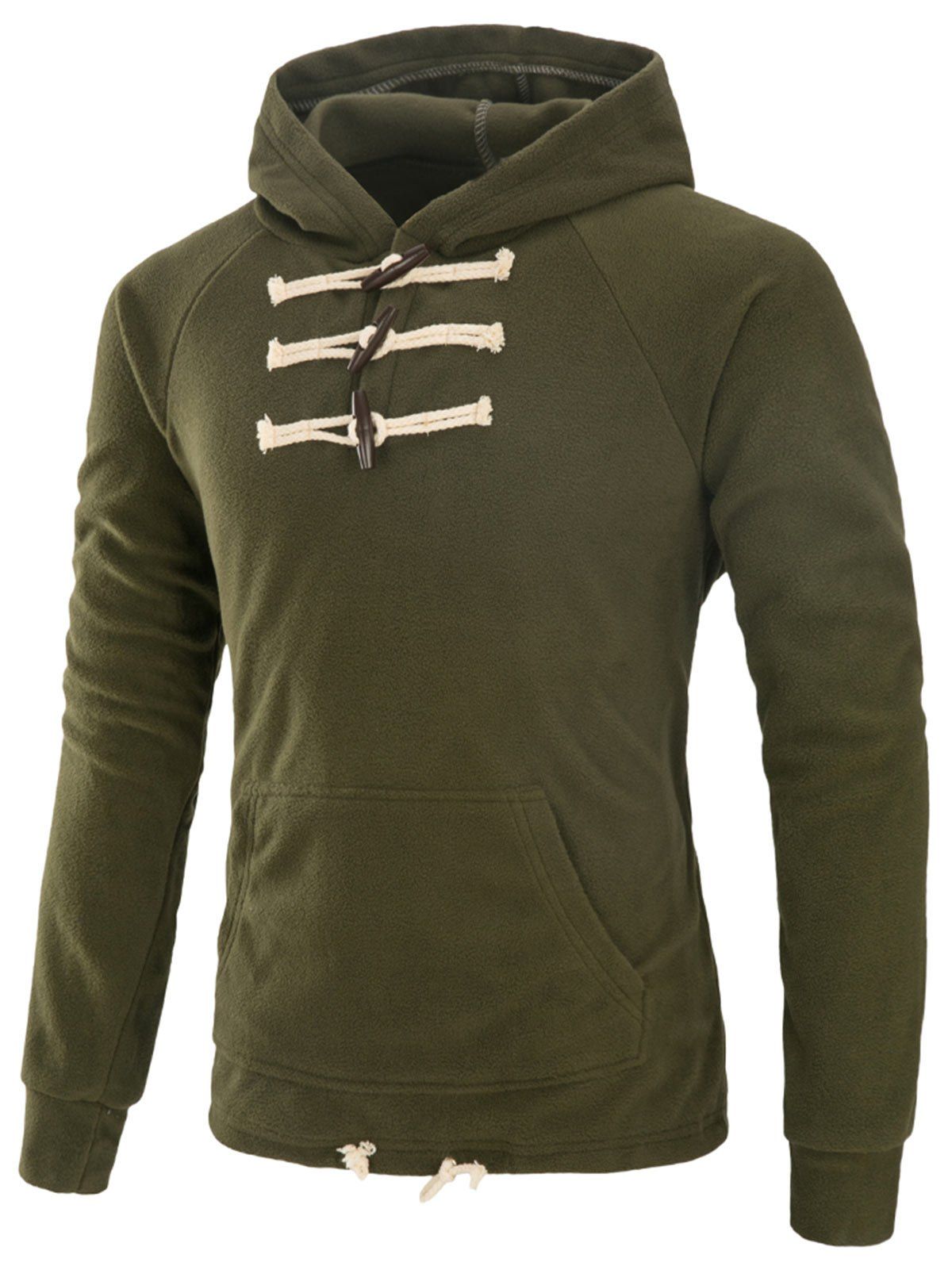 

Horn Button Drawstring Fleece Hoodie, Army green