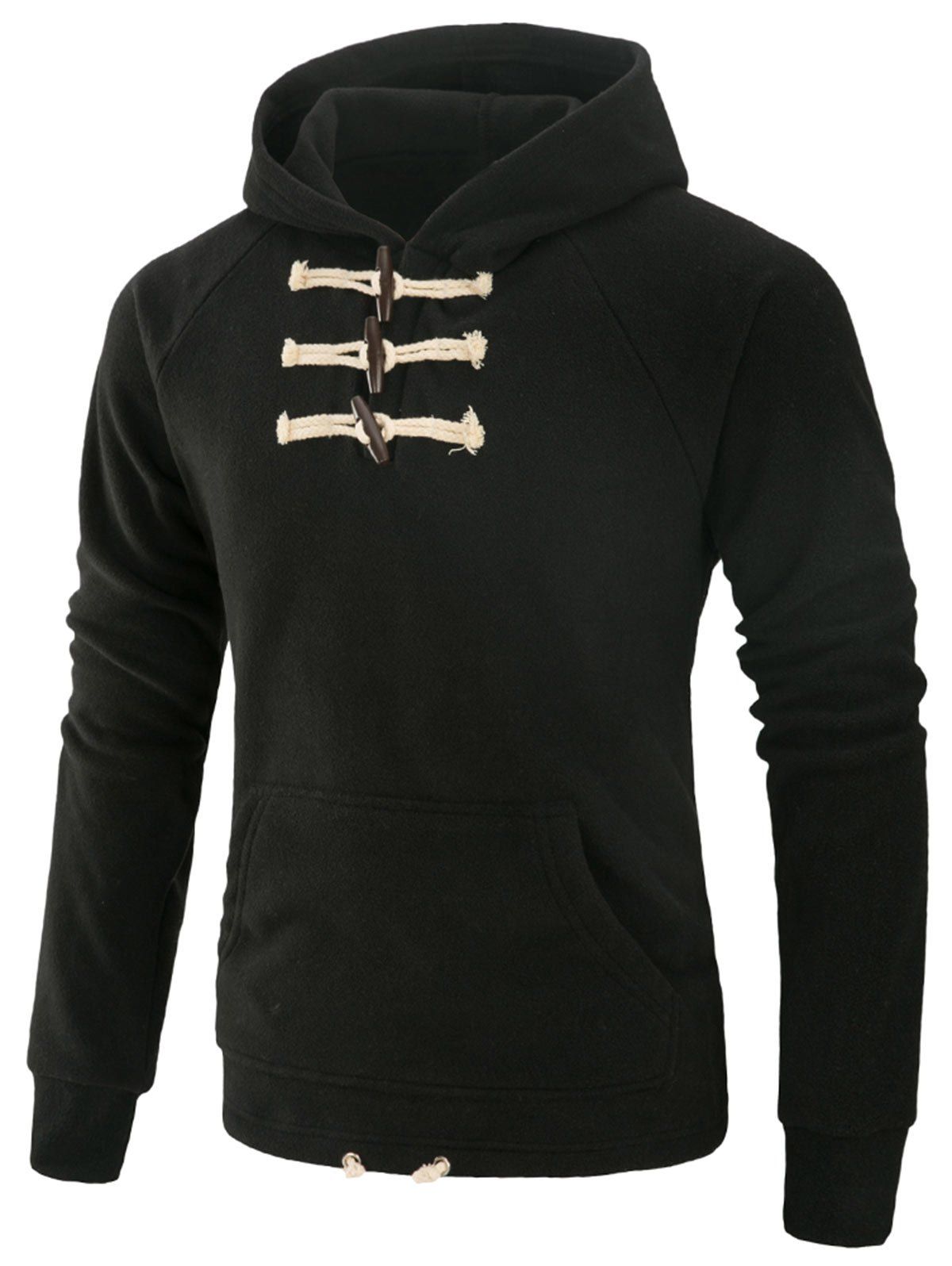 

Horn Button Drawstring Fleece Hoodie, Black
