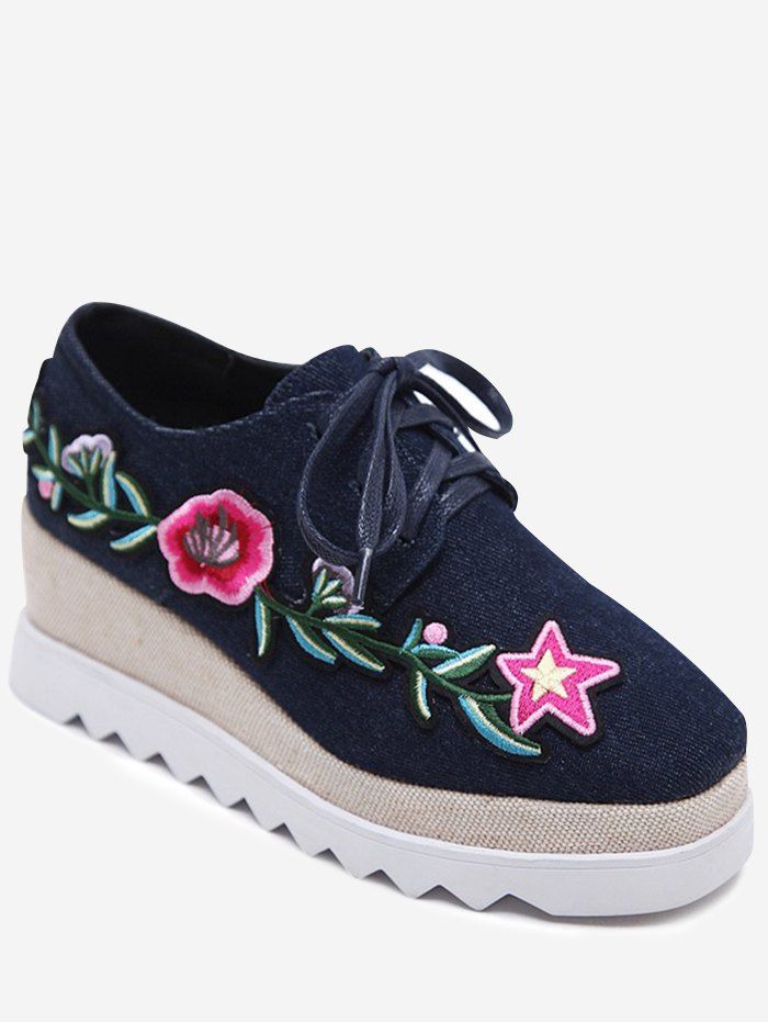 

Denim Embroidered Wedge Shoes, Deep blue