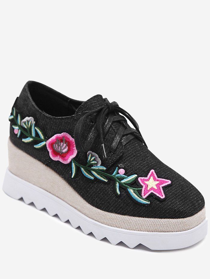 

Denim Embroidered Wedge Shoes, Black