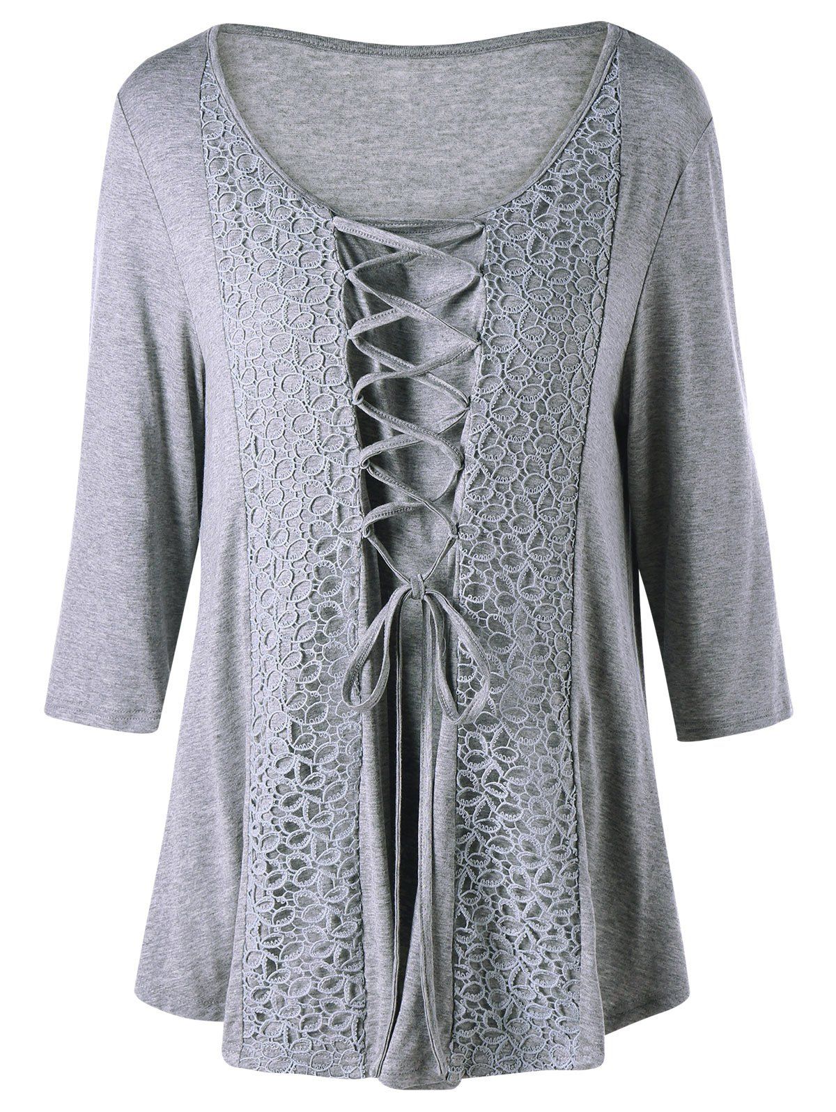 

Plus Size Lace Panel Lace Up T-shirt, Gray