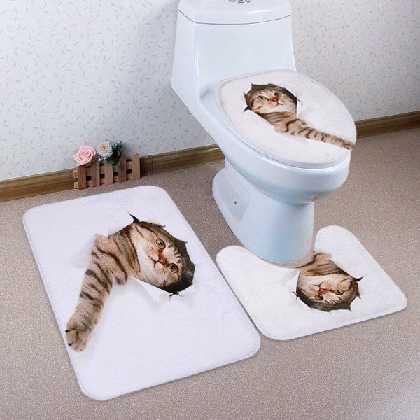 

3D Broken Paper Cat Pattern 3 Pcs Bathroom Toilet Mat, White