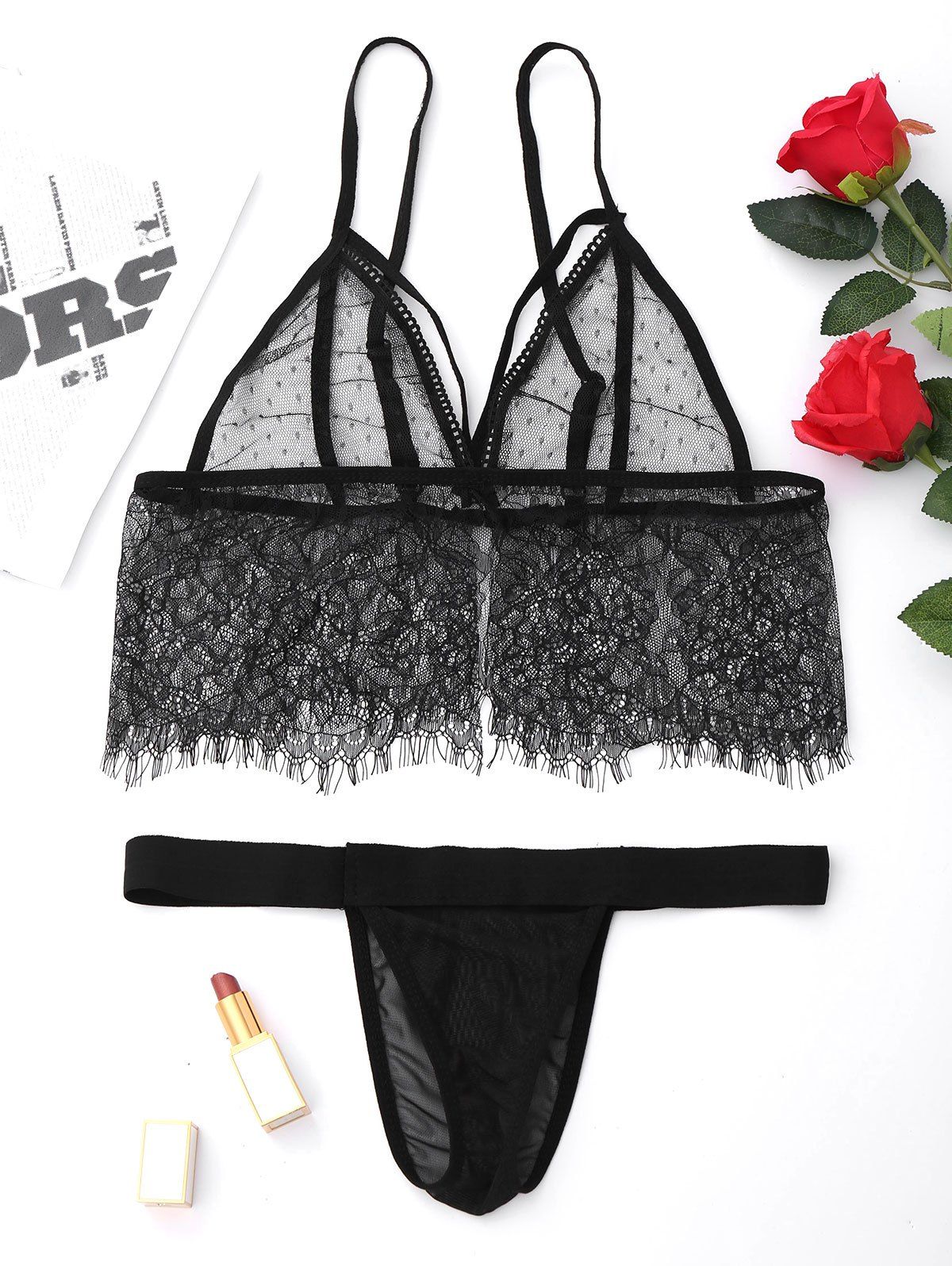 

Lace Sheer Caged Bralette Set, Black