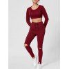 Hooded Crop Top with Ripped High Waist Pants - WINE RED S